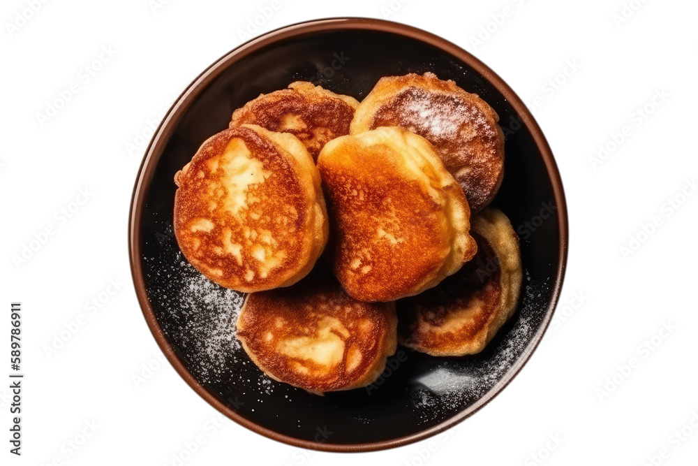 Syrniki Cottage Cheese Pancakes Dish On White Background, Top View. Isolated Transparent, Png. Generative AI