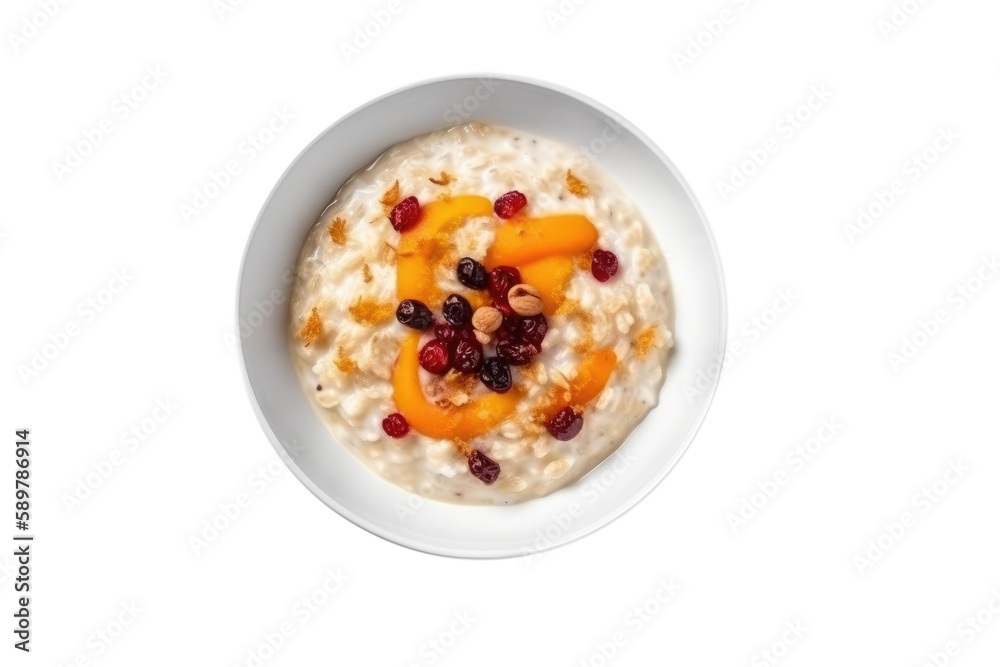 Rice Pudding Vegetarian Dessert On White Background, Top View. Isolated Transparent, Png. Generative AI Rice Pudding Vegetarian Dessert On White Background, Top View. Isolated Transparent, Png. Generative AI