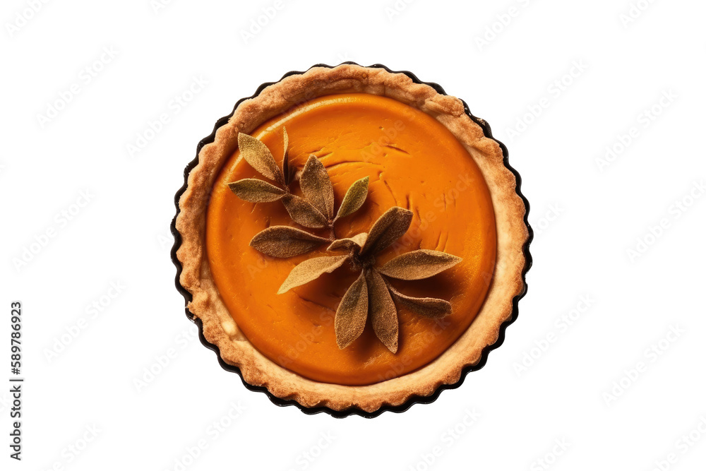 Pumpkin Pie Vegetarian Dessert On White Background, Top View. Isolated Transparent, Png. Generative AI