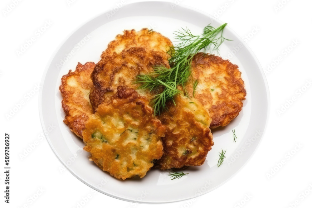 Deruny Potato Pancakes Dish On White Background, Top View. Isolated Transparent, Png. Generative AI Deruny Potato Pancakes Dish On White Background, Top View. Isolated Transparent, Png. Generative AI