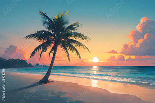 ヤシの木がある夕暮れのビーチ 夏の海 バカンス イラスト generative ai