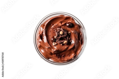 Vegan Chocolate Pudding Dessert On White Background, Top View. Isolated Transparent, Png. Generative AI photo