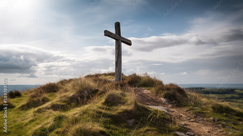 Single wooden cross standing on top of a hill in front of the sky. Generative AI. Single wooden cross standing on top of a hill in front of the sky. Generative AI.