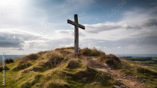 Single wooden cross standing on top of a hill in front of the sky. Generative AI.