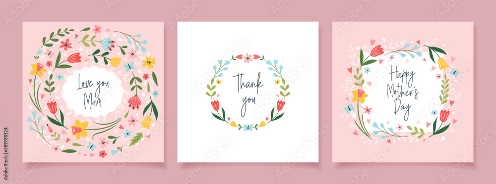 Happy Mother's Day. Set of greeting cards with flowers and handwritten lettering. Beautiful floral background. Vector template for banner, invitation, social media.