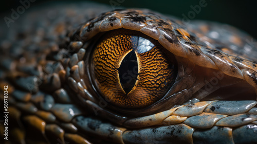 Close up shot with many deatils of the eye of a dragon. Generative AI. photo