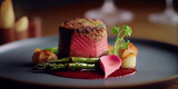 Filet mignon with rhubarb French dish, Beef tenderloin with rhubarb and red wine. exquisite gourmet dish.