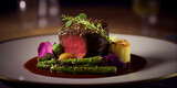 Filet mignon with rhubarb French dish, Beef tenderloin with rhubarb and red wine. exquisite gourmet dish.