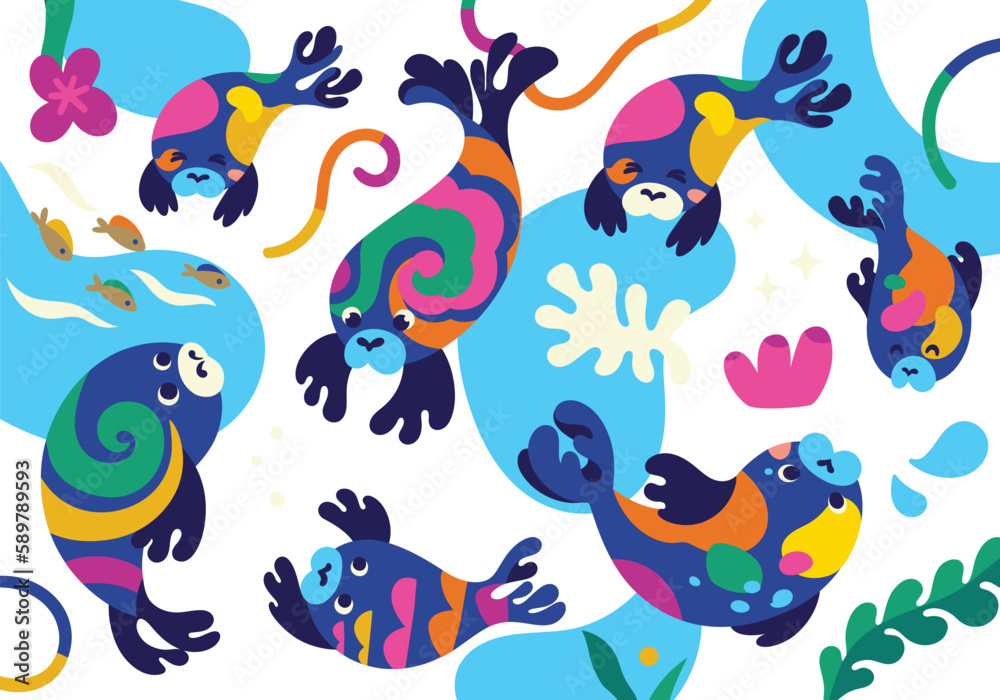 Bright seals illustration with splashes, fishes and corals in cartoon style Bright seals illustration with splashes, fishes and corals in cartoon style