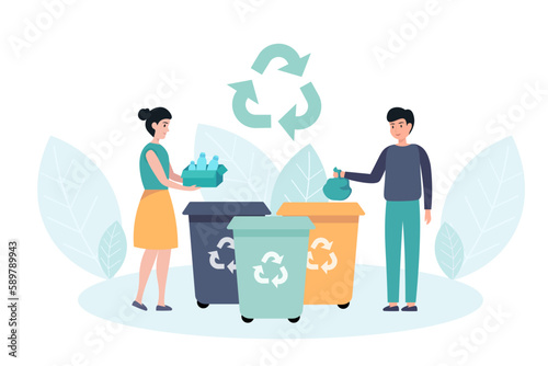 Cartoon characters of young couple sorting garbage into recycling bins. Environmental ecological solution to save nature. Taking care of nature. Vector