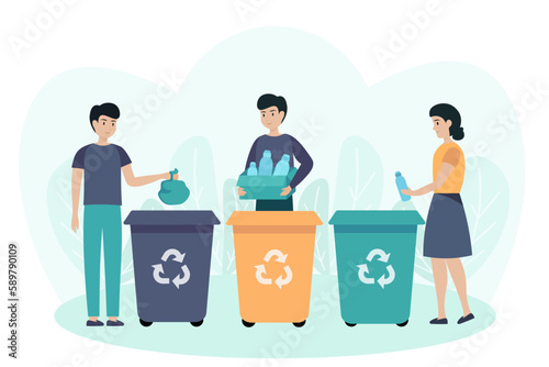 Cartoon characters of young people throwing garbage into recycling bins. Environmental protection practice. Volunteer taking care of nature. No garbage and overconsumption. Vector