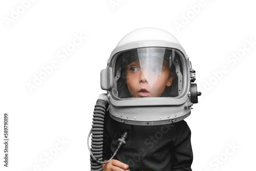 small child imagines himself to be an astronaut in an astronaut's helmet. © vovan