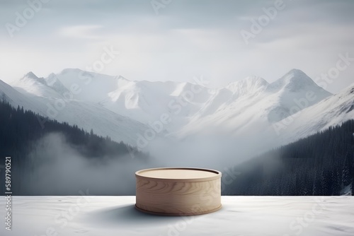 Empty podium mockup. Winter theme. Snowy mountain backdrop. Generative AI © Elmi
