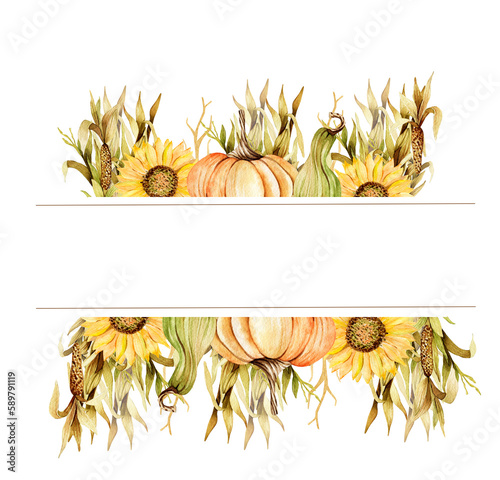 Watercolor border. Hand drawn pumpkins, sunflowers, corn stalks and cobs. Autumn, harvest, inscription.