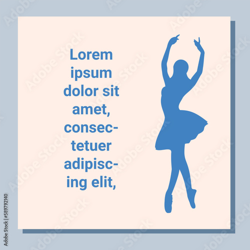 Theatre ticket design. Ballet flyer template. Ballerina silhouette in the tutu and pointe shoe. Blue card design. Vector illustration
