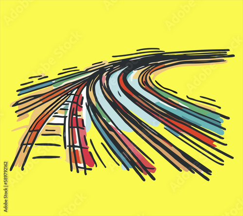 Hand drawn railroad tracks with colorful abstract, isolated on yellow background. Sketch, vector illustration.