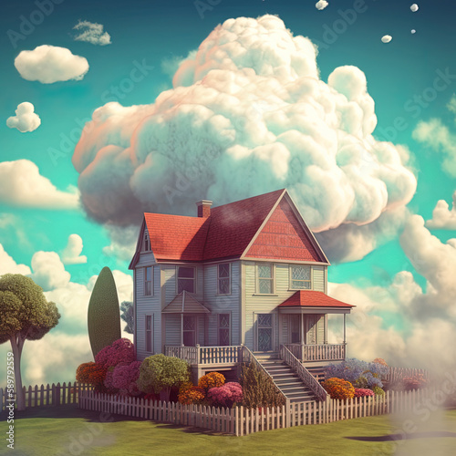 Dream House: A Serene Home Amidst a Cloudy Sky. Generative ai.