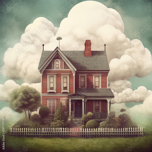ream House: A Serene Home Amidst a Cloudy Sky. Generative ai.