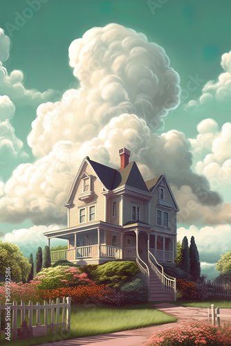 Cloudscape Living: A House Nestled in the Billowing Clouds. Generative ai.