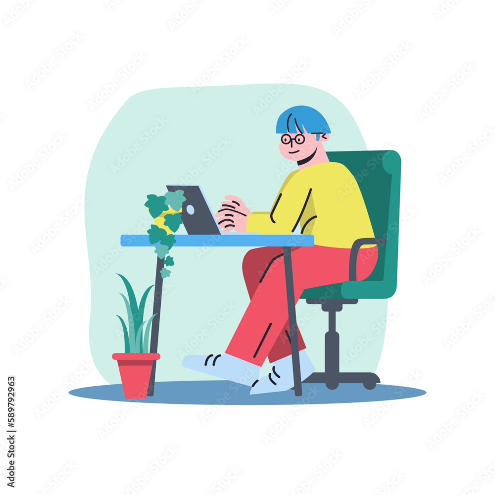 Cartoon character of young man doing his distant job using laptop. Time management for freelancers. Male employee doing his remote work. Online study and education. Vector
