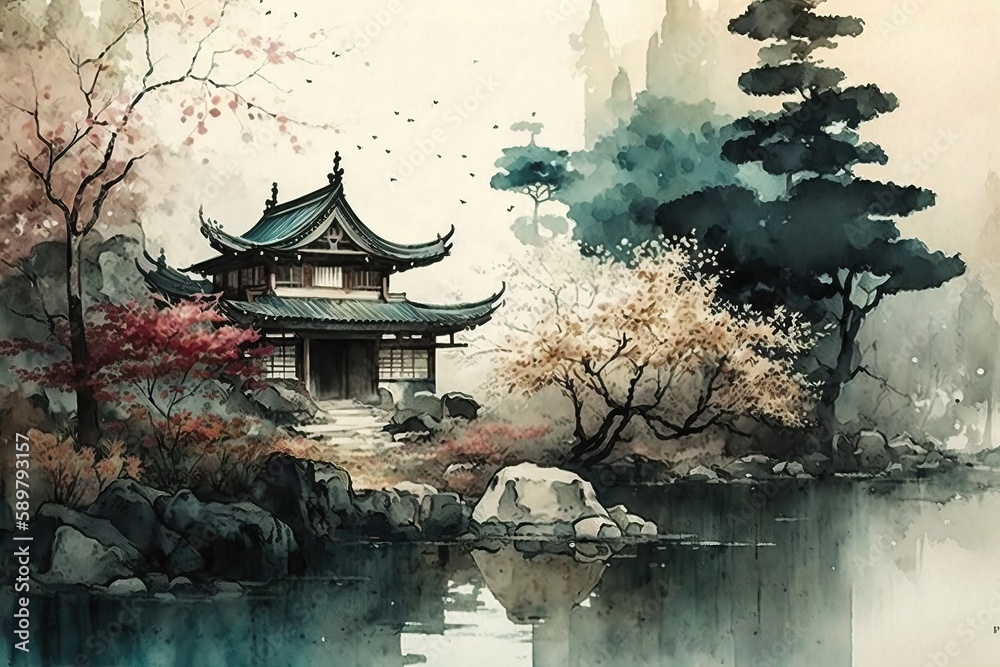 japanese landscape in watercolor with a fairy garden, ink
