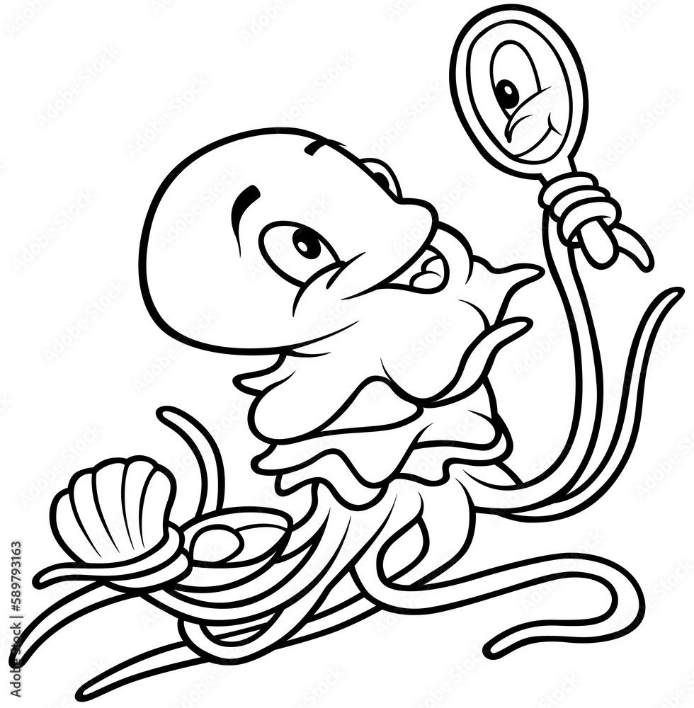 Obraz premium Drawing of a Jellyfish Holding a Pocket Mirror in a Tentacle