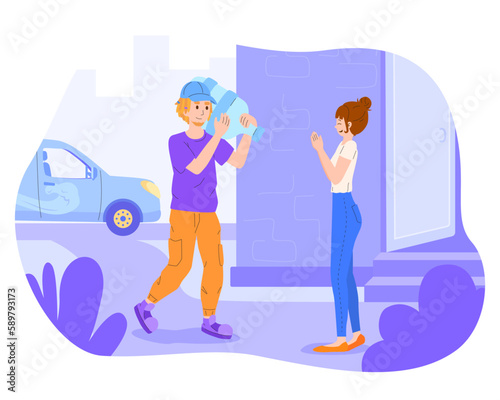 Cartoon character of young man delivering water for woman. Express city courier services. Process of doorstep delivery to home. Technology and logistics. Vector