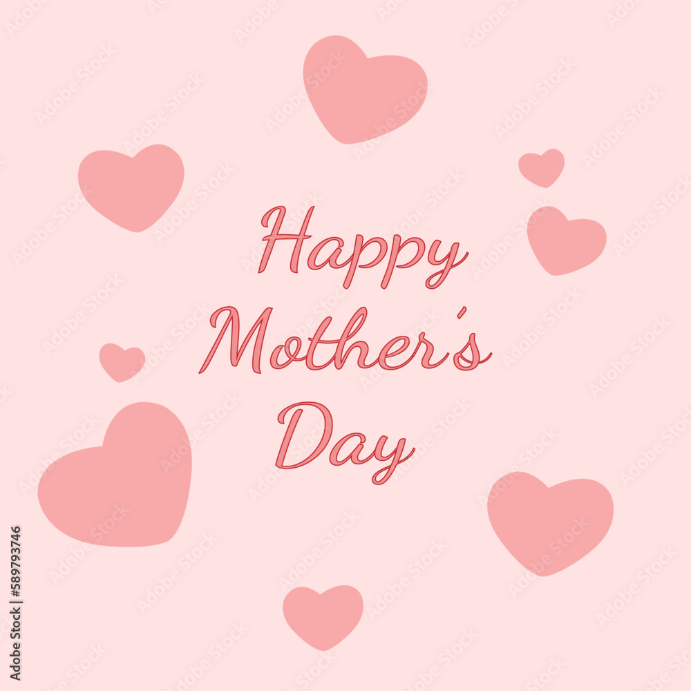 Happy Mother's Day. Postcard, congratulation, background. Pink, red text, around pink, red hearts, on a pink background. Vector image, illustration, graphic design.