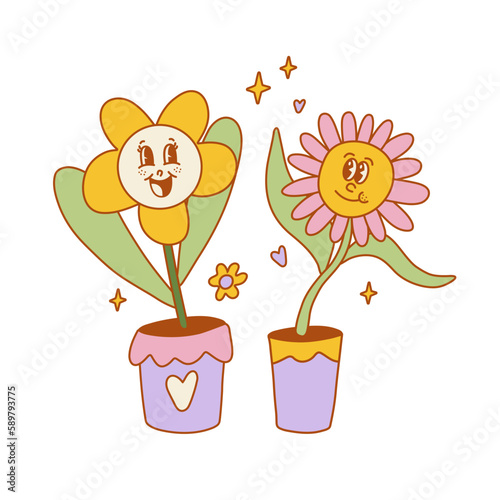Vector cartoon illustration in groovy retro psychedelic style with dancing flowers with smiling faces in a pot.