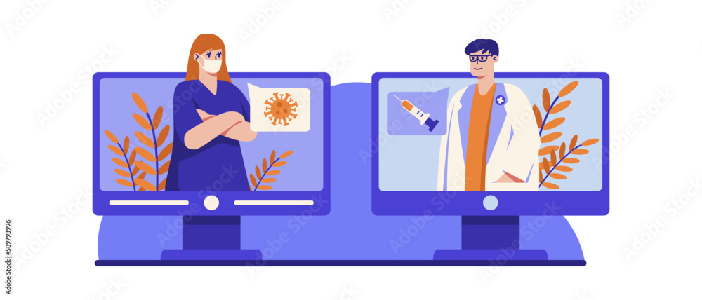 Fototapeta premium Cartoon character of woman in mask having distance communication with therapist. Process of treatment of coronavirus remotely. Getting online medical consultation. Vector