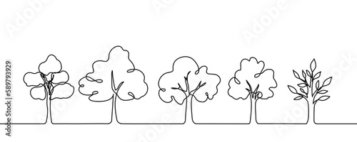Tree plant doodle outline vector forest environment. Continuous one line tree plant for eco, nature, garden logo design. Ecology green concept, background. Vector illustration