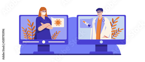 Cartoon character of woman in mask having distance communication with therapist. Process of treatment of coronavirus remotely. Getting online medical consultation. Vector