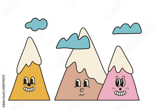Abstract vector illustration of cute mountains with smiling faces. Psychedelic nature scenery in vintage groovy style.
