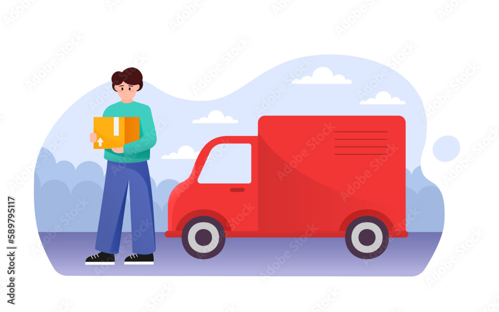 Cartoon character of man working as courier on truck. Express delivery services to home or office using transport. Process of delivering Internet store order. Vector Cartoon character of man working as courier on truck. Express delivery services to home or office using transport. Process of delivering Internet store order. Vector