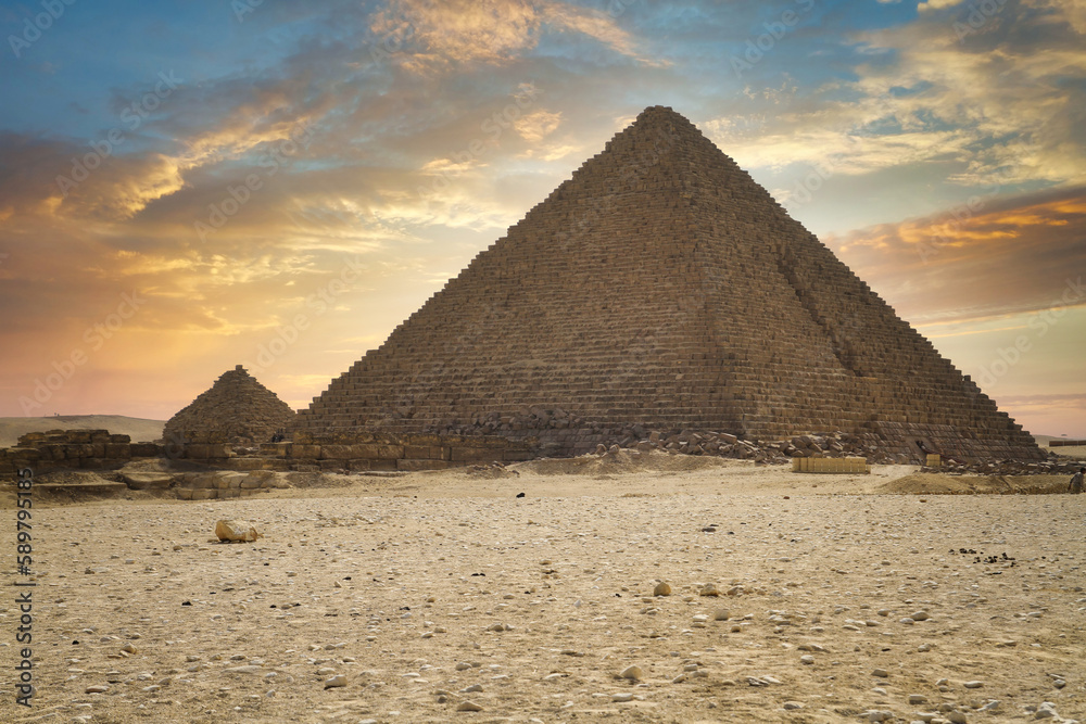 Beautiful sunset over the pyramid of Menkaure in Giza, Egypt Beautiful sunset over the pyramid of Menkaure in Giza, Egypt