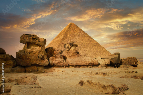 Beautiful sunset over the Great Pyramid in Giza  Egypt