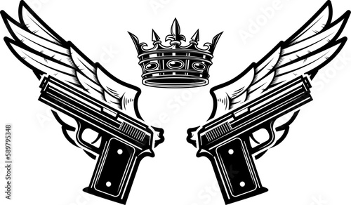 Two guns and wings with king crown. Design element for logo, label, sign, poster, badge. Vector illustration