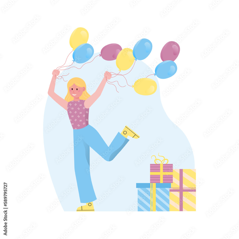 Cartoon character of happy woman with balloons and gifts. Birthday celebration with presents. Idea of happy birthday. Leisure time and hanging out. Vector Cartoon character of happy woman with balloons and gifts. Birthday celebration with presents. Idea of happy birthday. Leisure time and hanging out. Vector