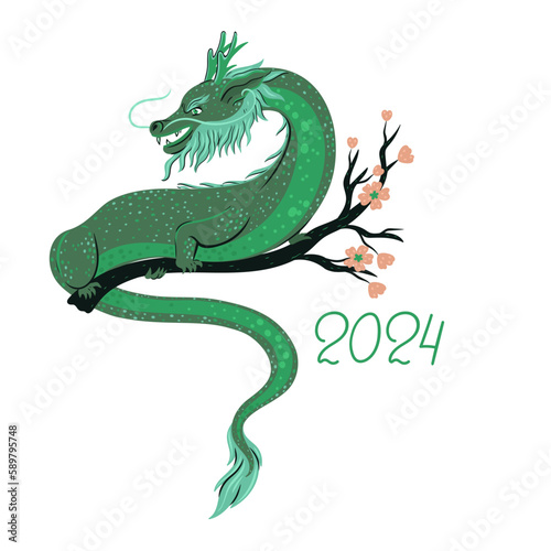 Green dragon sitting on a flowering branch isolate on a white background. Vector graphics.