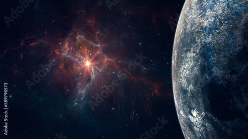 Fototapeta Naklejka Na Ścianę i Meble -  Space background. Colorful fractal nebula with starfield and planet. Elements furnished by NASA. 3D rendering