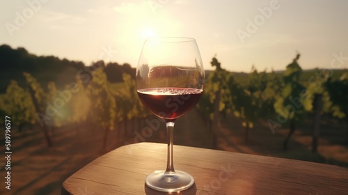 glass of red wine on the background of the vineyard
