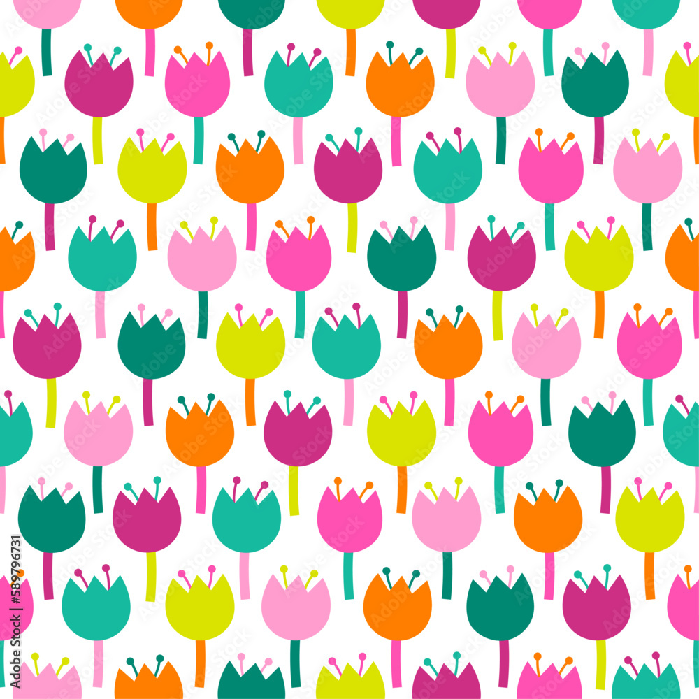 Colorful cute hand drawn tulip seamless pattern background.
