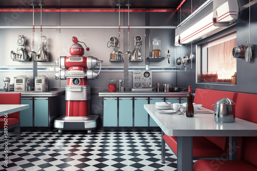 A Robot Chef Preparing Food in a 1950s-style Diner. Generative ai.