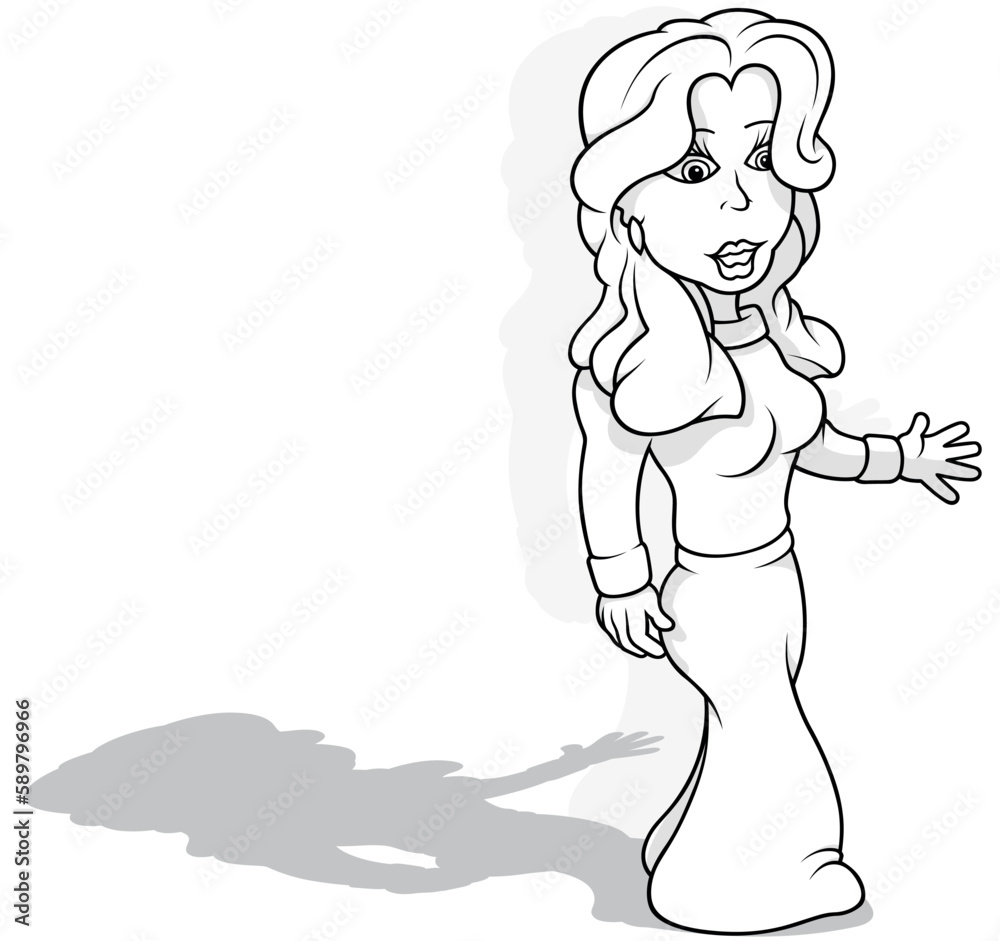 Drawing of a Long-haired Woman in a Sweater and Skirt