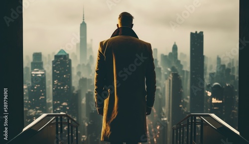 A businessman stands at an office balcony looking out at a city view. Business vision, ideas, thoughts, and plans concepts. Generative AI