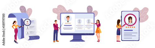 Set of different cartoon characters working in recruitment agency. Professional headhunting business representatives. HR department hiring candidates for job. Vector