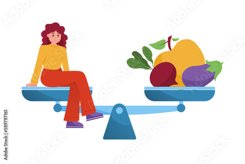 Cartoon characters of young woman with healthy food. People engaged in weight loss. Eating fresh organic products. Getting vitamins from fruits and vegetables. Vector