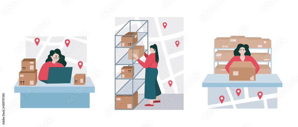 Set of cartoon characters of delivery service workers. Modern postal system. Process of sorting parcels in warehouse. Express and safe delivery. Vector Set of cartoon characters of delivery service workers. Modern postal system. Process of sorting parcels in warehouse. Express and safe delivery. Vector