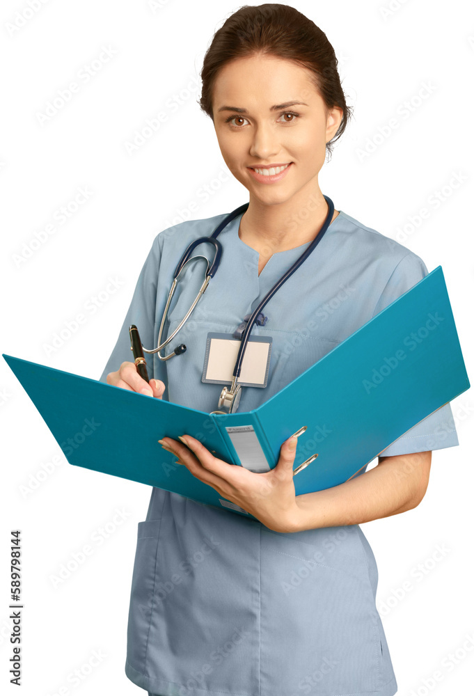 Female healthcare worker wearing scrubs, a stethoscope and holding a binder Female healthcare worker wearing scrubs, a stethoscope and holding a binder