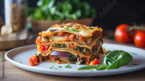 A vegan lasagna with cashew ricotta and roasted vegetables - Generative AI